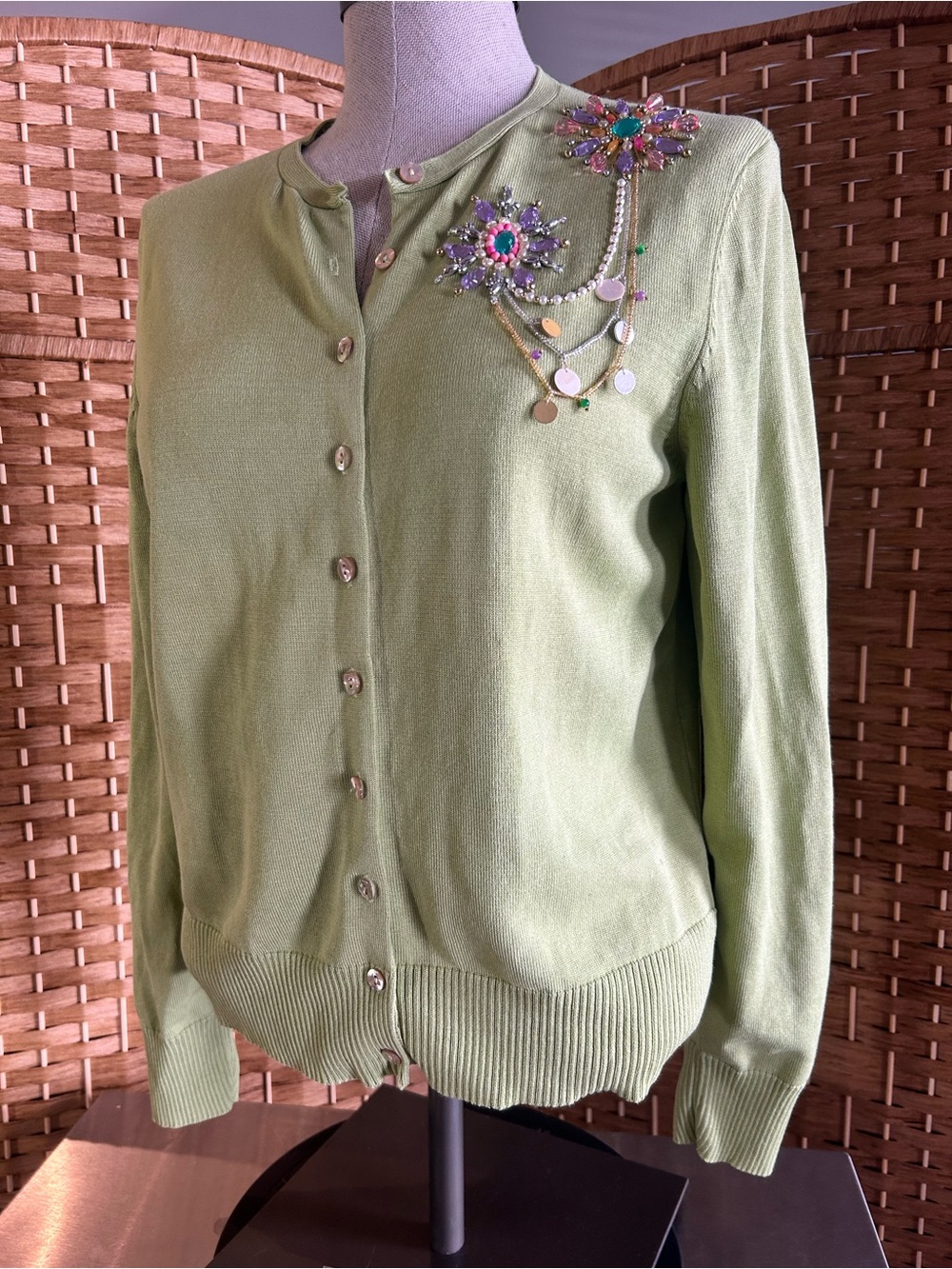 Embellished Floral Jewel Green Silk Blend Cardigan L